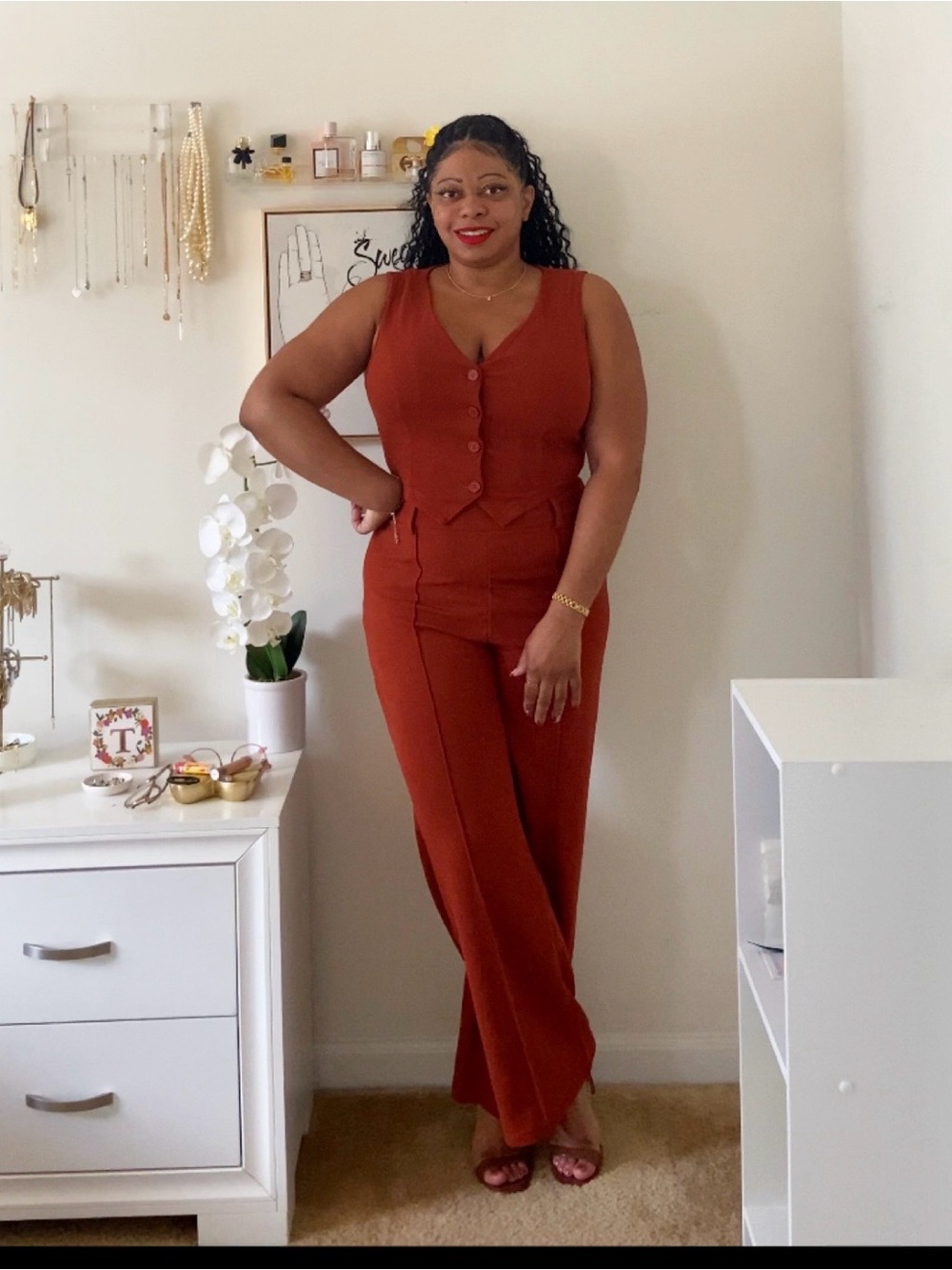 SHEIN Rust/ Burnt Orange Button-Front Vest & Wide-Leg Pants Set